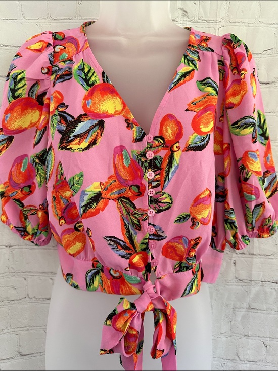 Joie Tops - Joie NWT Bright Pink Tie-Front Button Down Fruit Print Crop Top size S